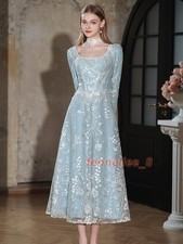 Retro Womens Long Blue Lace A-Line Dress Luxury Dress  Birthday Party Dress