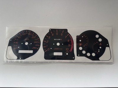 Aftermarket Nismo-style gauge face overlay set for Nissan Silvia S15 (280km/h)