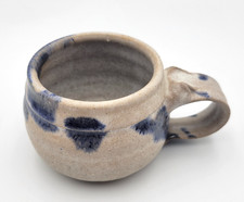 Handcrafted Stoneware Pottery Mug Blue White Signed Short Stout Rustic