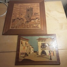 2x Vintage Marquetry Hand Crafted Wood Pictures of village scenes 