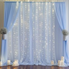 10ft x 10ft Baby Blue Chiffon Backdrop Curtain with Lights String for Parites...