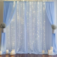 10ft x 10ft Baby Blue Chiffon Backdrop Curtain with Lights String for Parites...