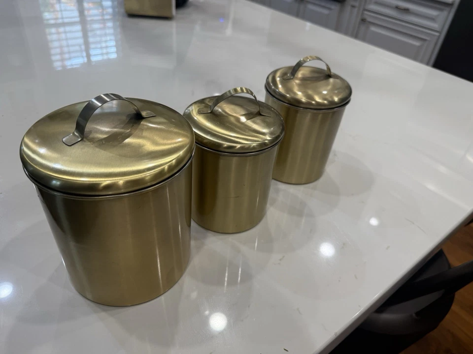 Набор канистр из 3, нержавеющая сталь с золотой отделкой (маленький, средний и большой) - Изображение 2 из 3