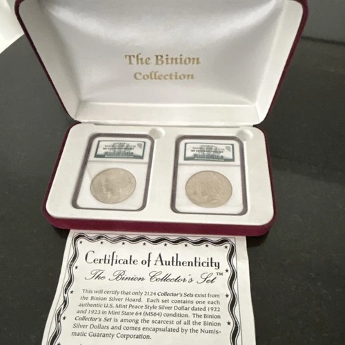Binion Collection Peace Dollar Set 1922 & 1923 MS64 NGC w/ Certificate
