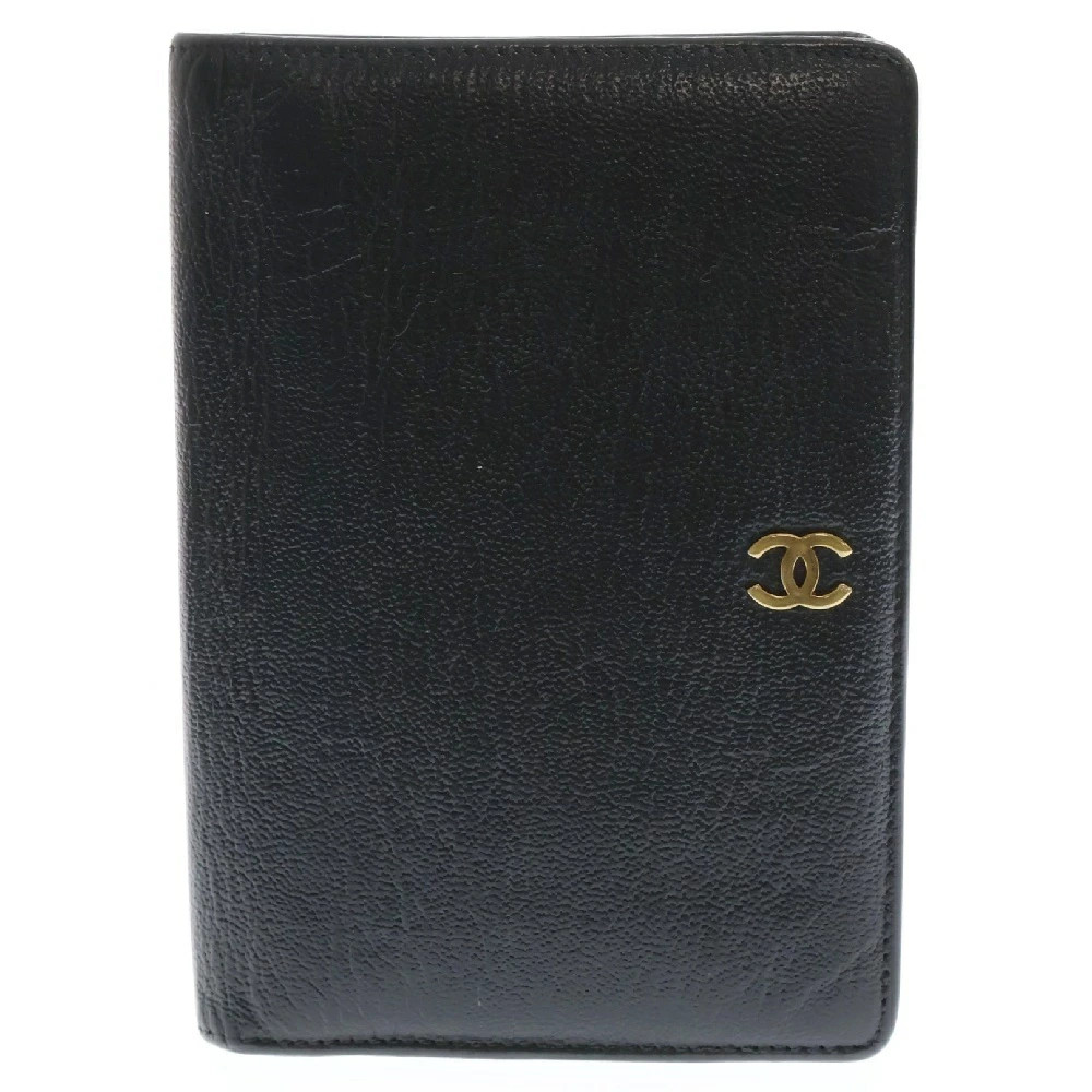 CHANEL Coco Mark Two Fold Wallet Card Case Black Ladies Used