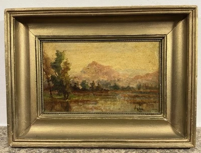 Huile sur panneau signée : paysage École Française XIXe dans son cadre à clé - Photo 1/4