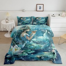Blue Mermaid Kids Comforter Set Queen Size, Lotus Flower Mermaid Girl Bedding...