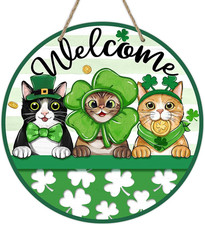 Welcome St Patricks Day Cat Front Door Sign, Lucky Shamrock Clover Wood Door Han