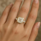 Engagement Ring 2 CT Moissanite Asscher Cut 3 Stone 14k Yellow Gold Women Ring