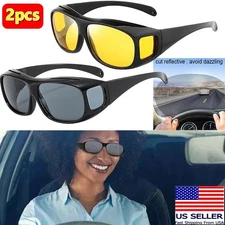 2 Pair HD Day Night Vision Glasses Driving Sports Wraparound Fit Over Sunglasses