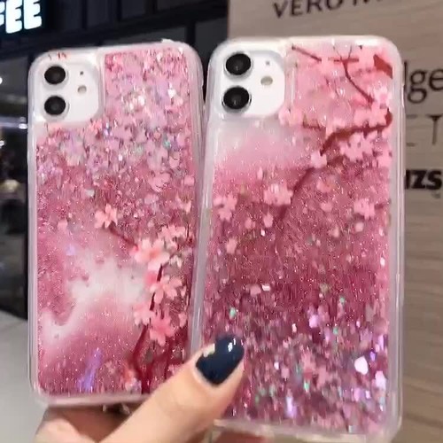 For iPhone Samsung OPPO Xiaomi Peach Blossom Liquid Bling Quicksand Case Cover - Film 1 z 1