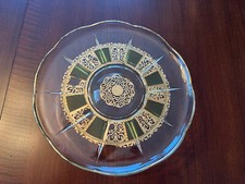 Vintage Signed Culver MCM Clear, Green and Gold Glass Pedestal Cake Plate