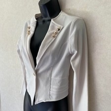 Women's Blazer Gold Buttons White Jacket with Collar Longsleeve, Ivory White, S