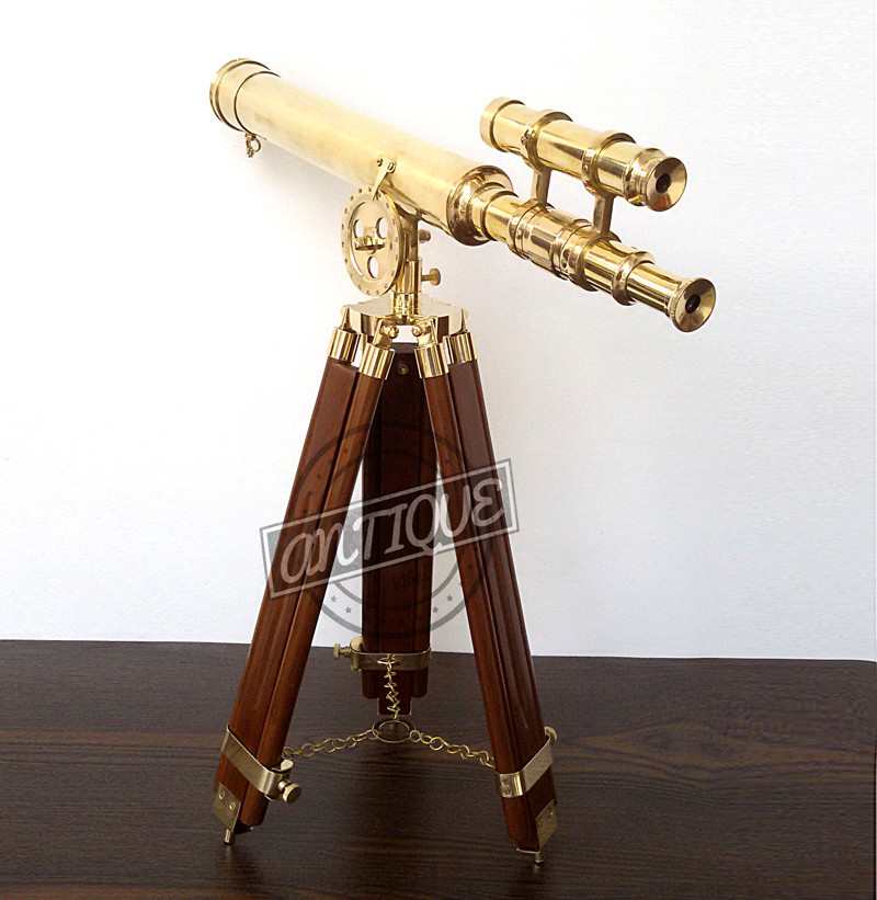 Vintage Gold Finish Double Barrel Room Decorative Telescope on