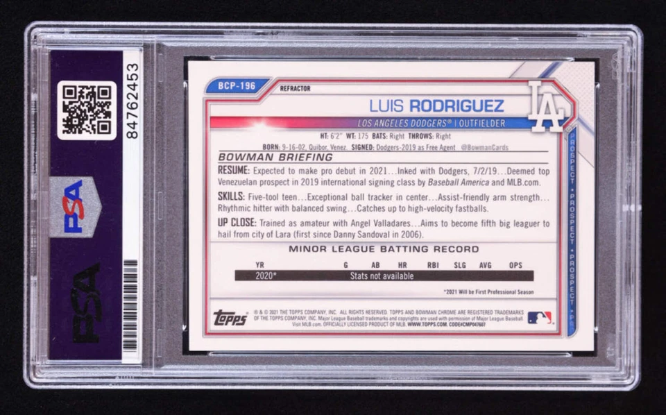 Luis Rodriguez Signed 2021 Bowman Chrome Prospects Refractors #BCP196 #410/499 R - Image 2 of 2