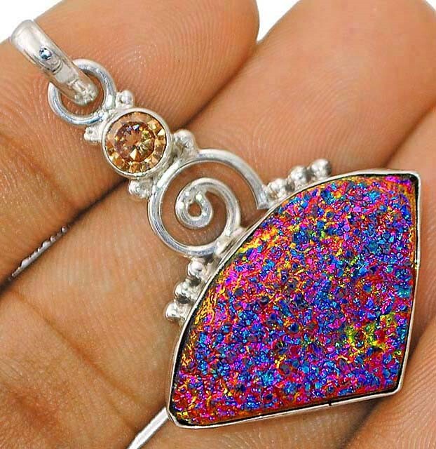 Titanium Druzy & Treated Sapphire 925 Sterling Silver Pendant Jewelry @10-9