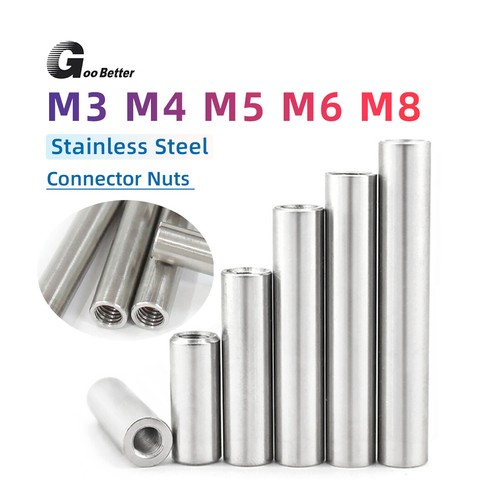 Stainless M3~M8 Round Studding Connector Long Nuts Thread Rod Bar Sleeve Tube - Afbeelding 1 van 12