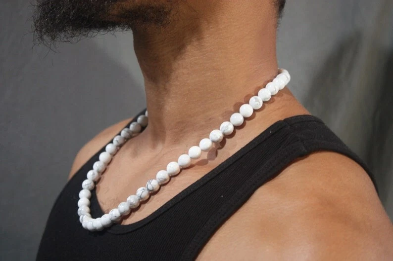 Weißer Howlith glatter runder Edelstein Perlen 18 Zoll schöne Herren & Damen ... - Bild 3 von 4