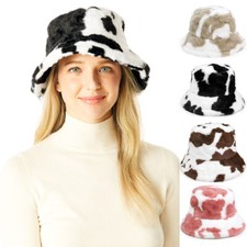 ScarvesMe Women's Fashion Winter Warm Animal Cow Print Faux Fur Bucket Hat