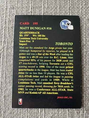 Matt Dunigan 1991 JOGO #195 Football Card - Picture 2 of 2
