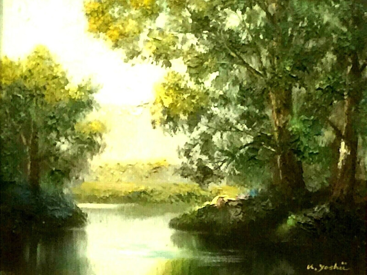 画家　K.キ OIL ON CANVAS PAINTING LAKE LANDSCAPE BY ASIAN JAPANESE 