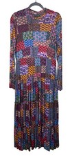 Johnny Was L Large Isadora Waves Mesh Midi Womens Dress Patchwork Print Tiered