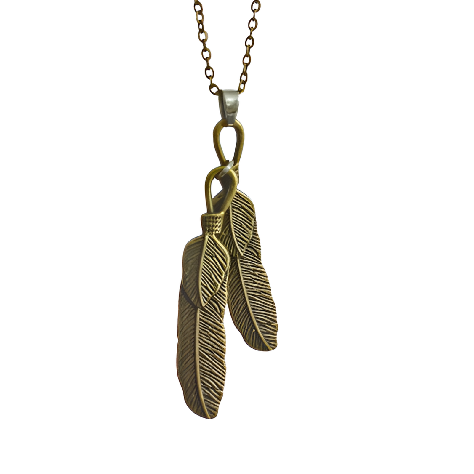 Twin Feather Necklace Pendant Unisex Bronzed Unique Long 27"" Chain Statement