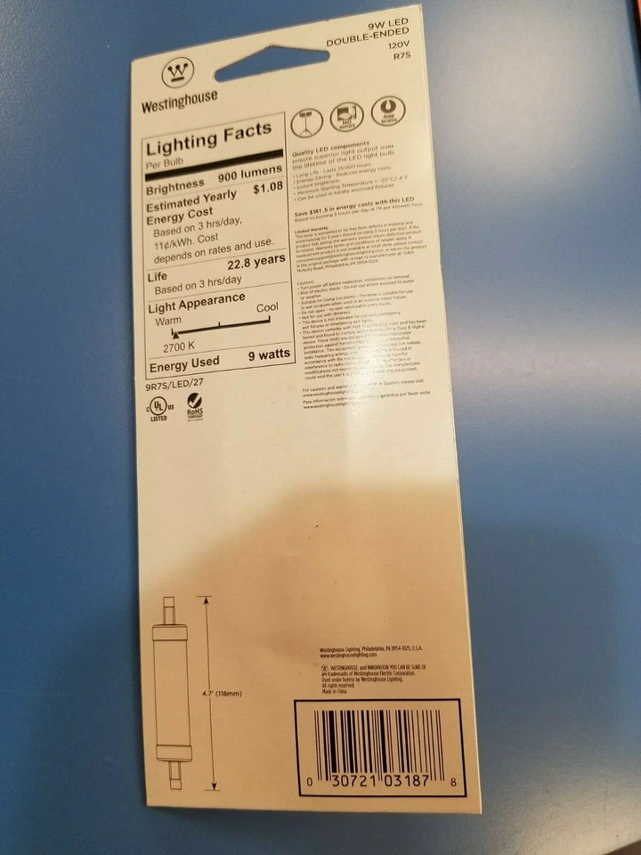 Westinghouse Lighting 03187 LED 9W (75W Replacement) Double Ended 2700K 120: - Image 2 of 3