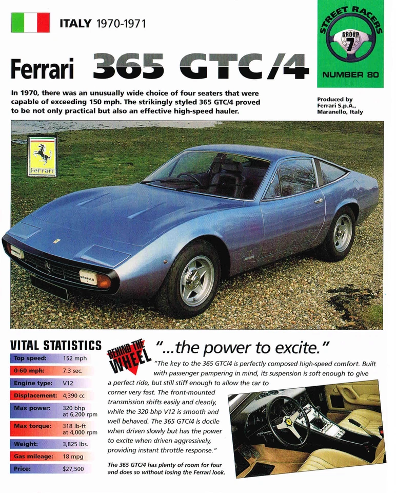 Ferrari 365 GTC 1970/1971/4 HOJA DE ESPECIFICACIONES/folleto, GTC4 Foto 3 de 4