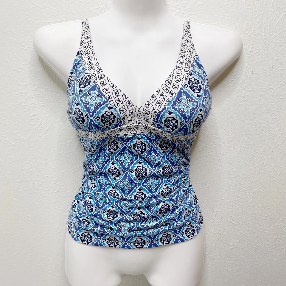 Tommy Bahama Mujer Talla XS Tiki Azulejos Marroquí Tankini Top TSW41222T Azul Blanco Foto 2 de 4