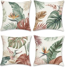 Tropical Leaves Throw Pillow Covers 18 x 18 Inch Watercolor Leaf Bird Polyester