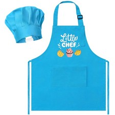 2Pcs Kid Apron Chef Hat Set Small Adjustable Blue Kitchen Cooking Baking
