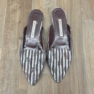 Manolo Blahnik Size 38 Pointed Toe Mules Slides Metallic Stripe