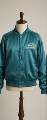 Vintage Teal Satin Bomber Jacket Made USA Embroidered Greased Lighting 80s 90s L