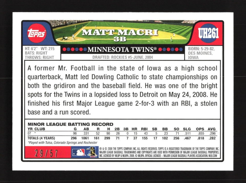 Matt Macri Minnesota Twins 2008 Topps Update Black #UH261 SN /57 - Image 2 of 2