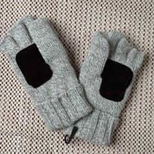 Gray Knit Convertible Flip Top Mittens Fingerless Gloves w/ Palm Patch Unbranded
