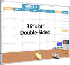 Monthly Calendar Dry Erase Board 36X24 Inch, Double-Sided Whiteboard and Corkboa