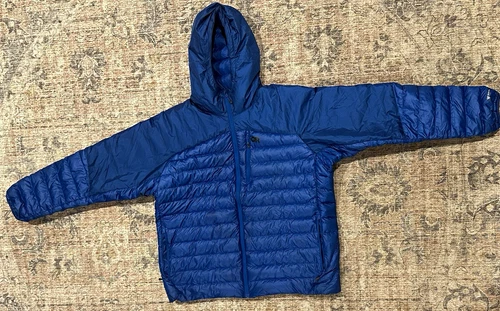 Outdoor Research Helium Down Hoodie Mens 3XL Blue 800 Fill Goose Down Puffer video thumbnail