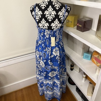 rachel zoe linen blend dress Rachel Zoe Blue Floral Print Linen Blend Midi Dress New Size Large Pockets