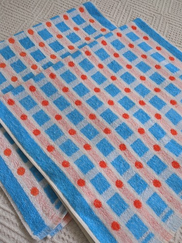 Vintage Hand Towel Orange Blue Spots Squares Geometric Mid Century 60s 70s - Picture 18 of 19