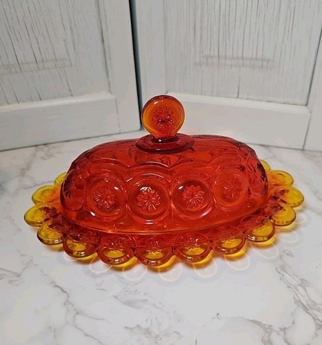 Vintage Smith UV reaktiv Glas Mond & Sterne Amberina bedeckt Butterdose leuchtet - Bild 2 von 10