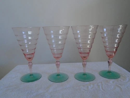 Four Pink & Green Uranium Glass Wine Goblets Depression Era