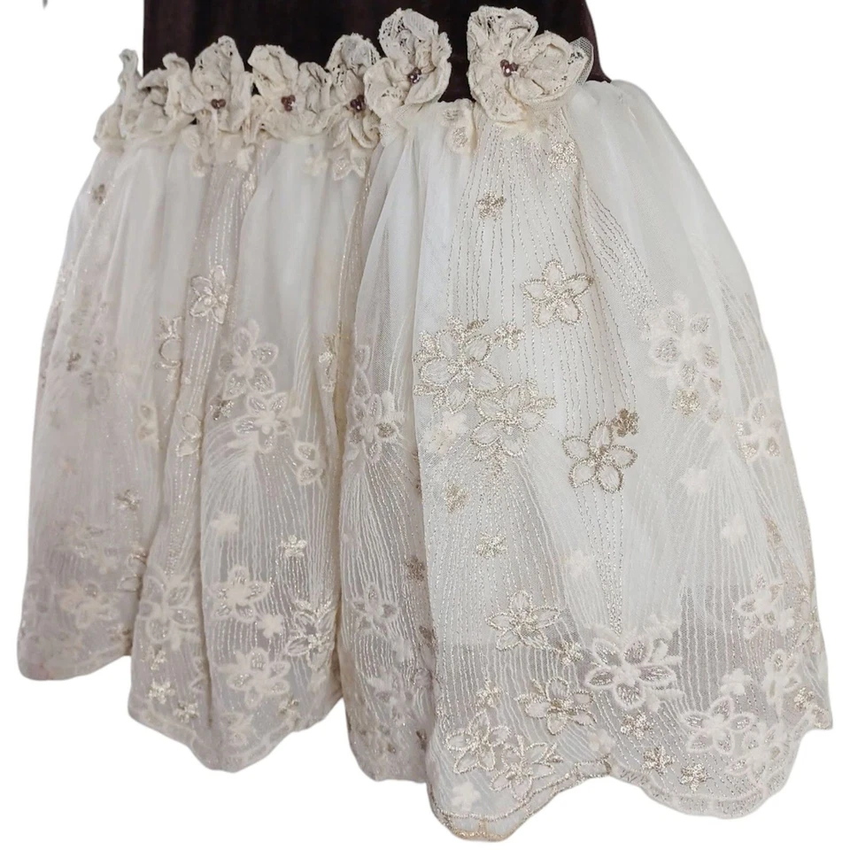 Vestido Isobella & Chloe Niñas Talla 5 Marrón Terciopelo Marfil Encaje Tul Falda Vacaciones Foto 4 de 4