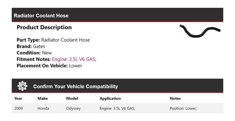 Manguera de refrigerante de radiador de gas V6 3,5 L para Honda Odyssey 2009 puertas inferiores Foto 2 de 4