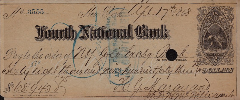 Stamped Revenue Paper RNB2, 4th Nat Bank, NY -Black stamp!  I Love revenues!