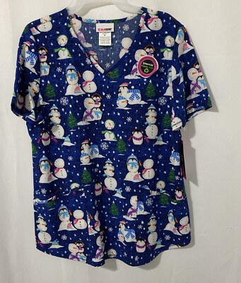 Scrubstar Women s Scrub Top Snowman Penguins Holiday Medical Nursing Medium NWT