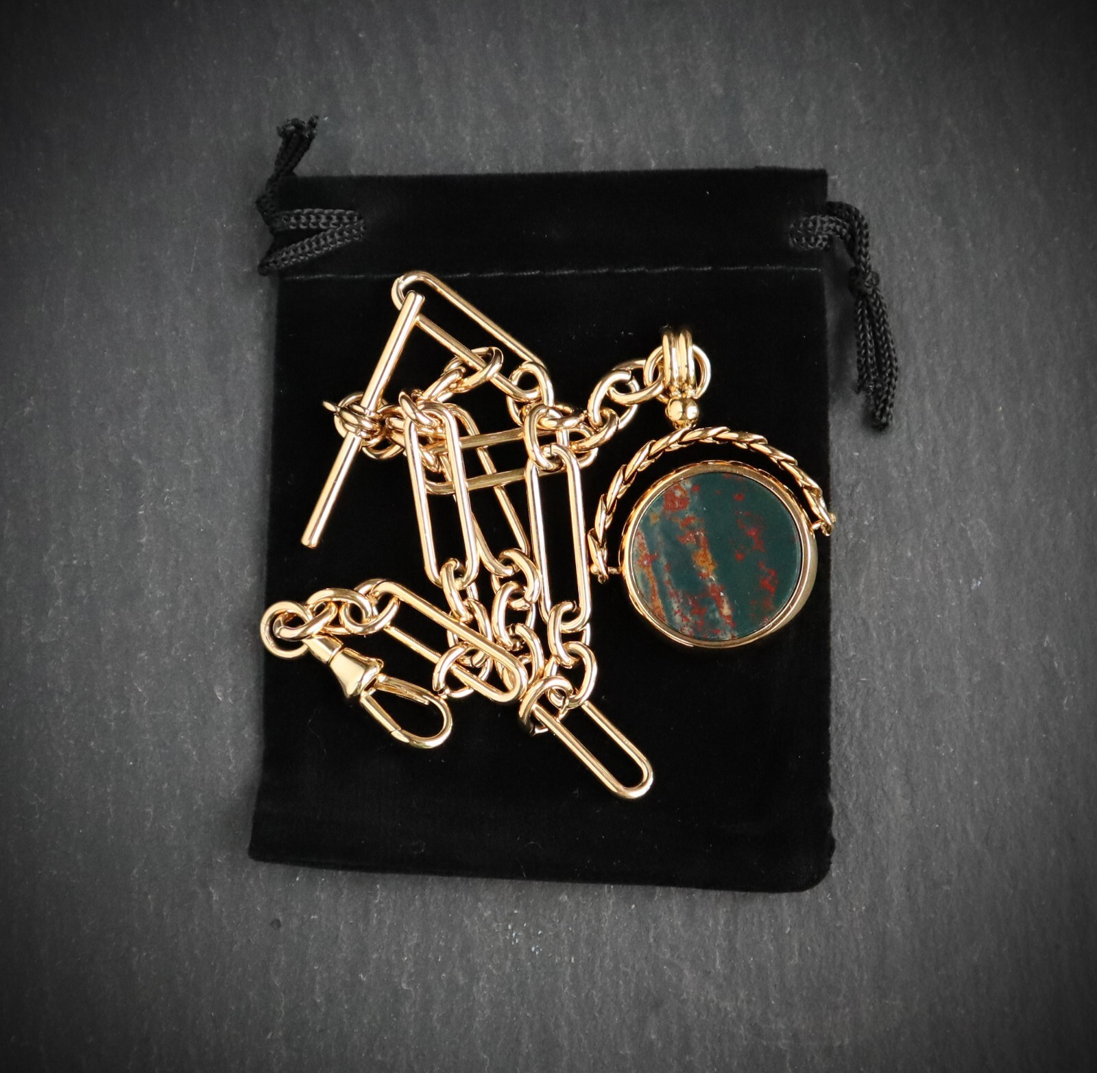 18k Gold Plated Trombone Pocket Watch Chain + Bloodstone Spinner. Peaky