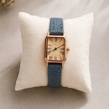Women s Rectangular Watch Rose Gold Blue Strap Roman Numerals New
