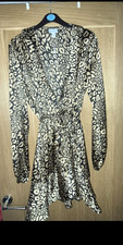 Women’s Beige/Black Leopard Animal Print Wrap Dress V-Neck Tie Waist Size 12