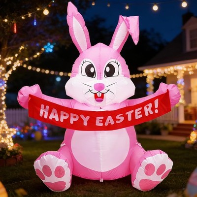 5FT Easter Bunny Inflatables Built-in LED lights Blow up Garden Yard Decor Pink